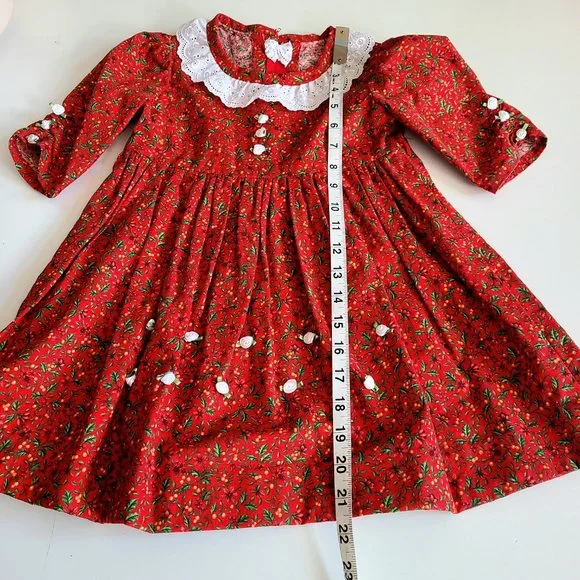 Hand made girls red dress with little roses and white lace collar. - Picture 5 of 5